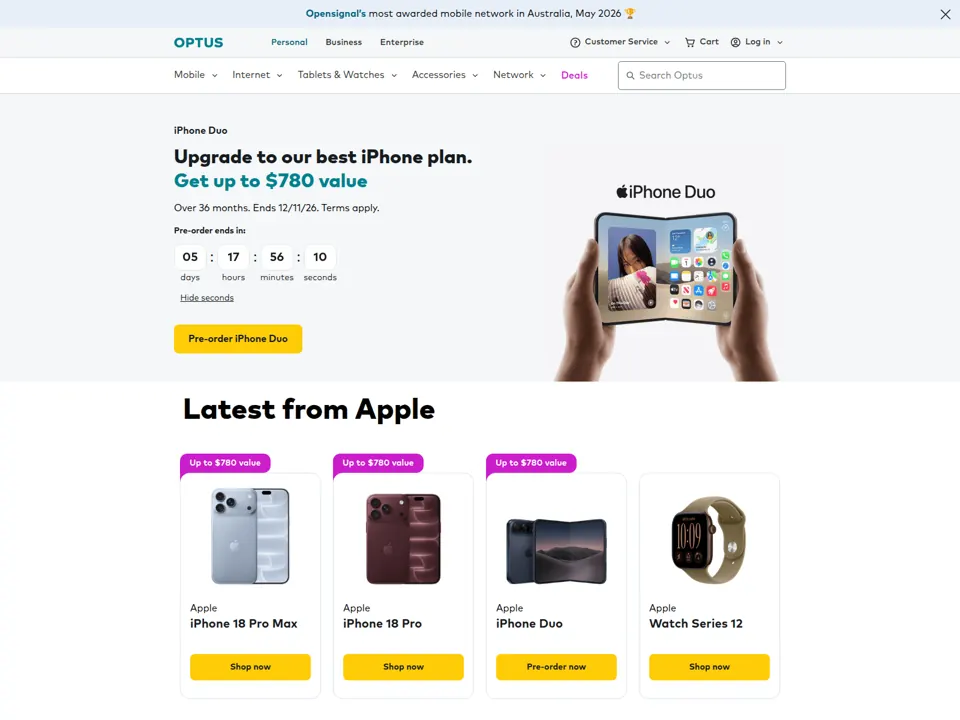 Optus website screenshot