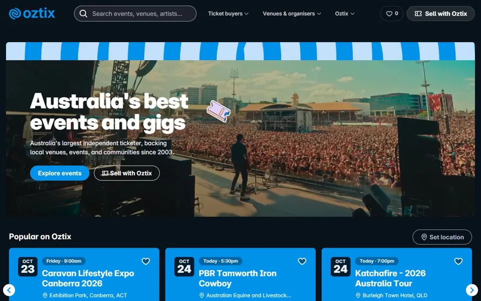 Oztix website screenshot
