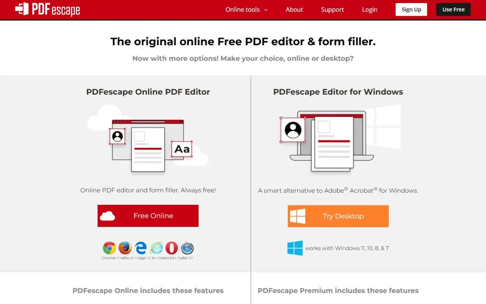 PDFescape – Ansicht der Anbieter-Website