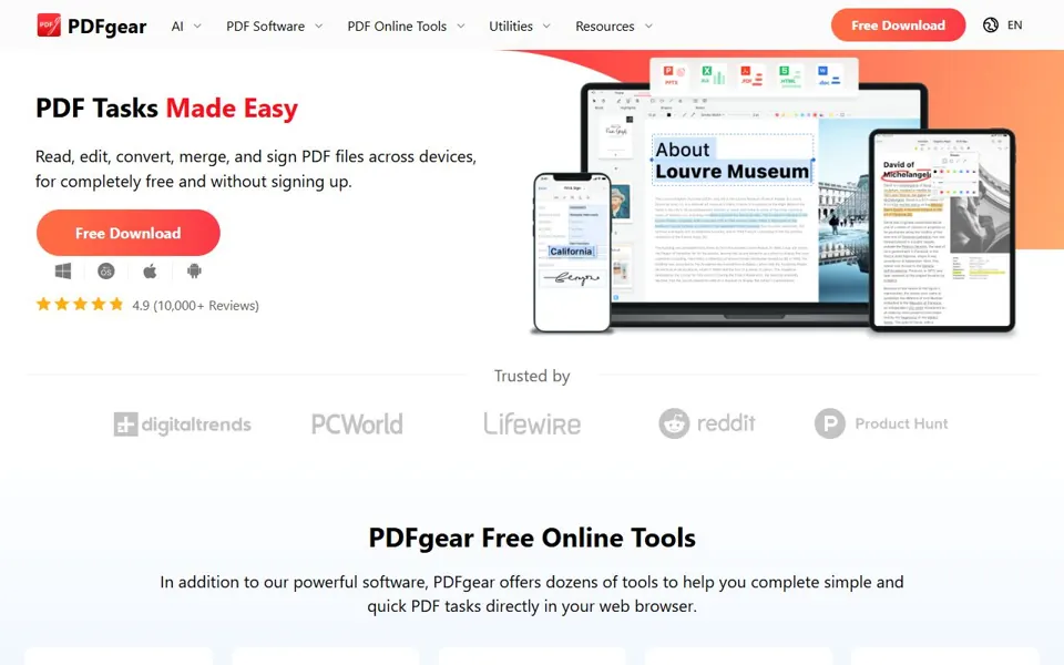 PDFgear – Ansicht der Anbieter-Website