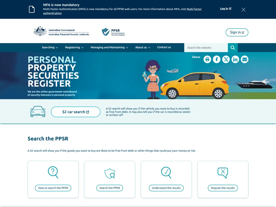 PPSR website screenshot