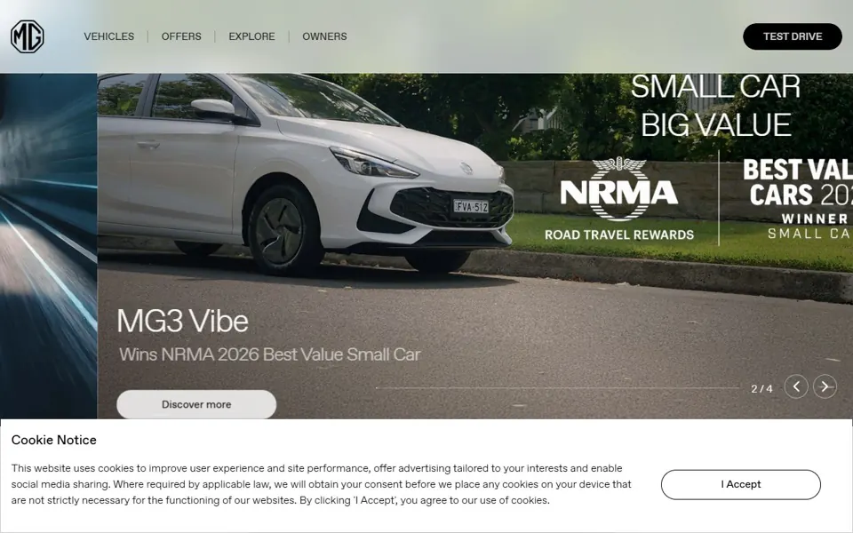 MG Motor Australia website screenshot