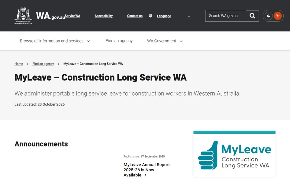MyLeave WA website screenshot