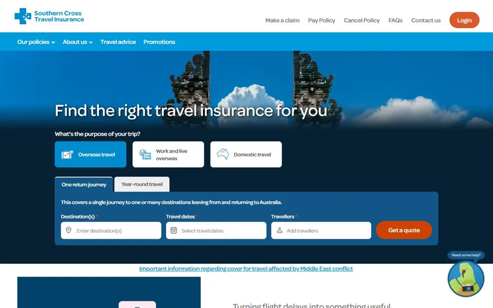 Southern Cross Travel Insurance website screenshot