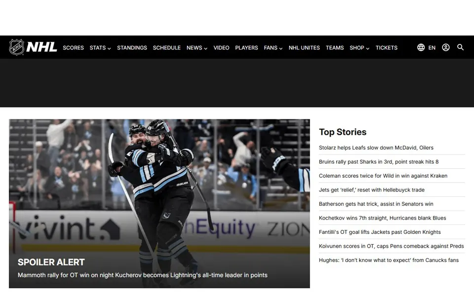 NHL website screenshot
