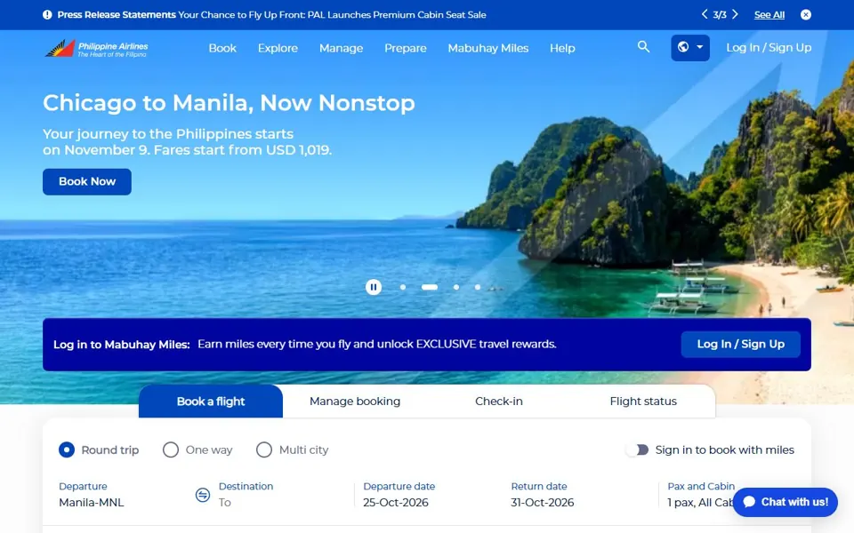 Philippine Airlines website screenshot