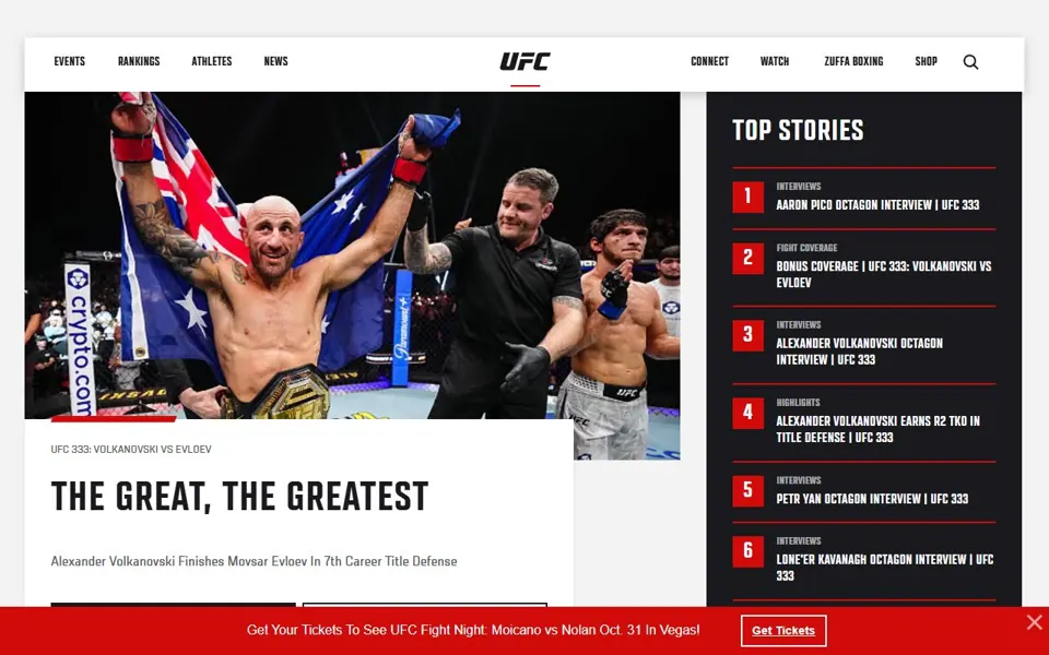 UFC website screenshot