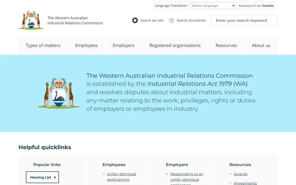 Western Australian Industrial Relations Commission website screenshot