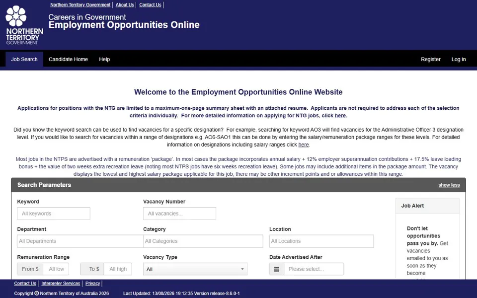 NT Government Jobs website screenshot