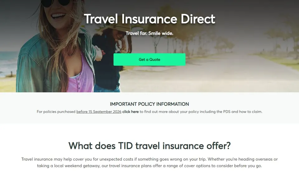 Travel Insurance Direct website screenshot
