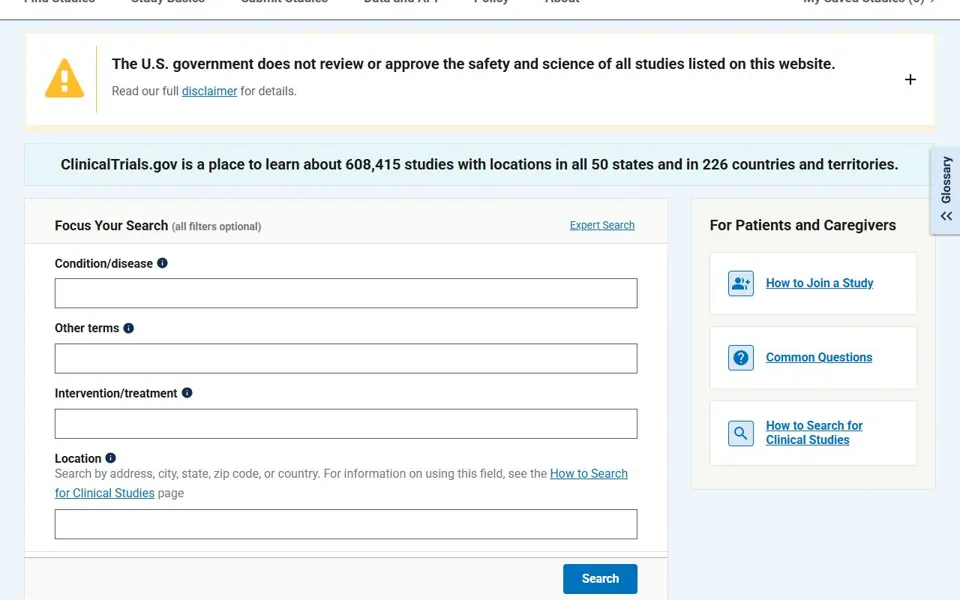 ClinicalTrials.gov website screenshot