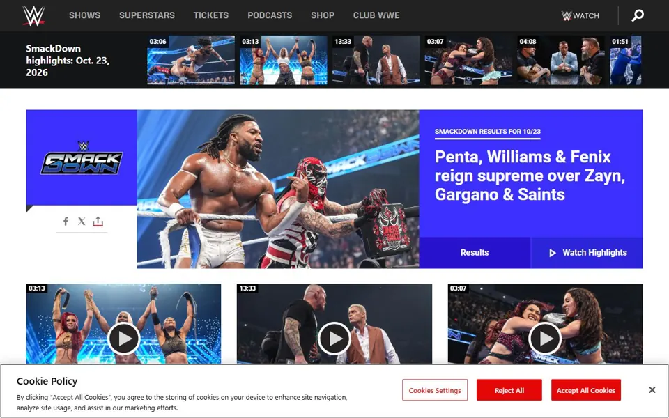 WWE website screenshot