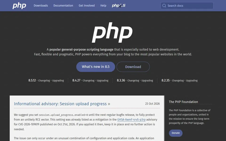 PHP website screenshot
