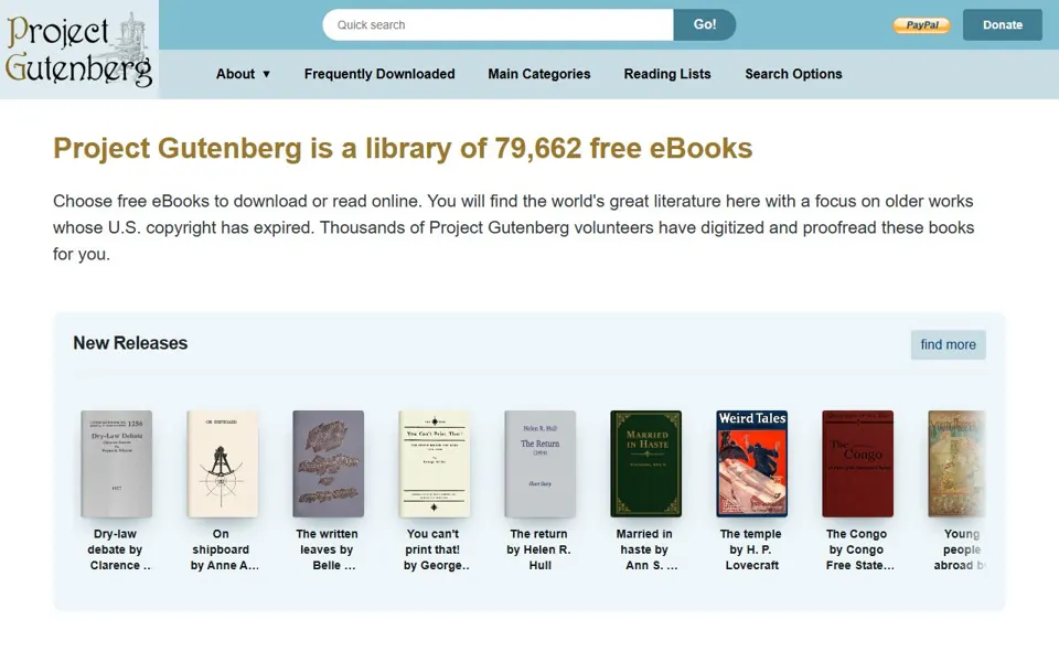 Project Gutenberg website screenshot