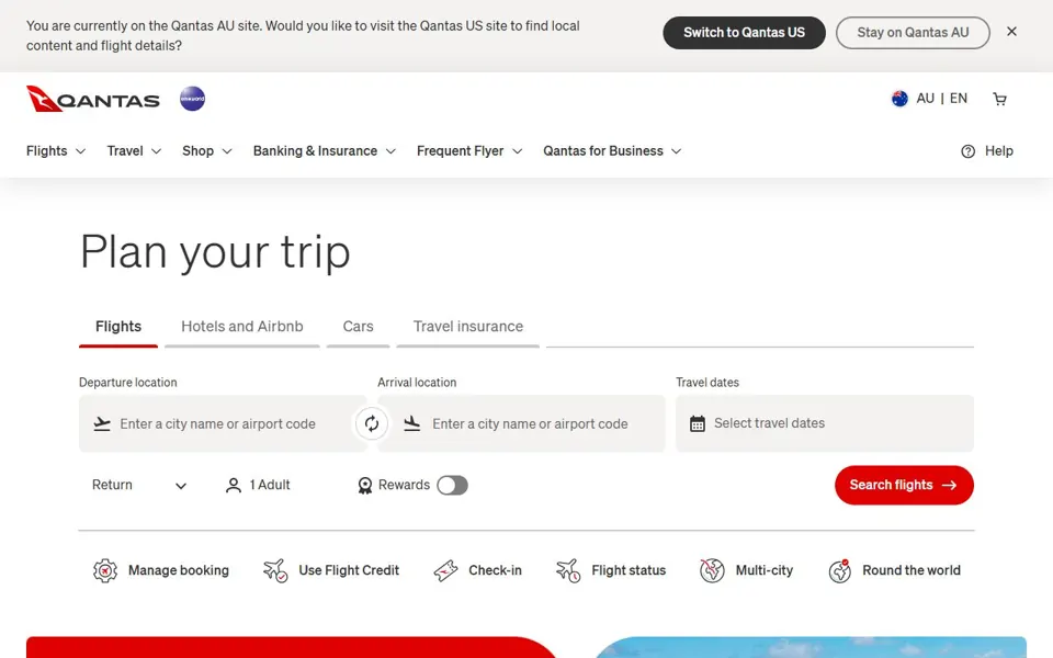 Qantas website screenshot