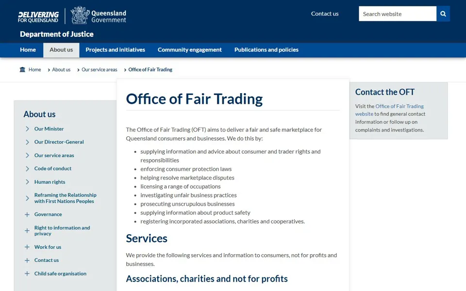Queensland Office of Fair Trading website screenshot