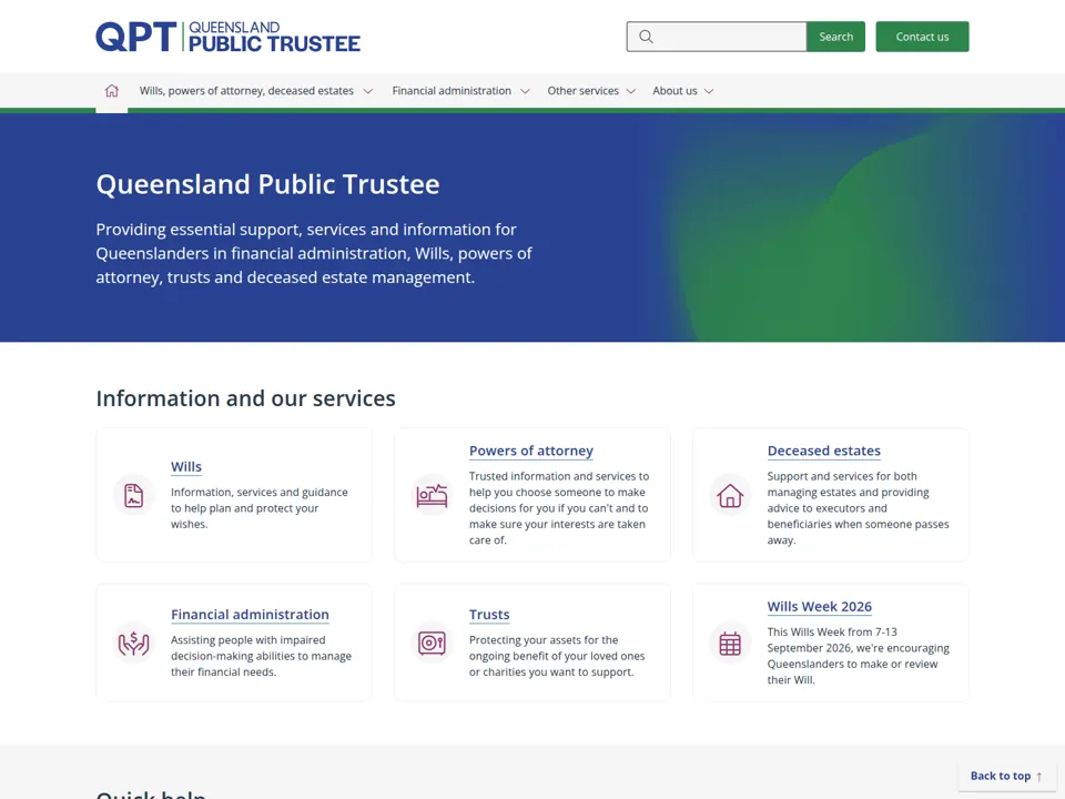 Queensland Public Trustee website screenshot