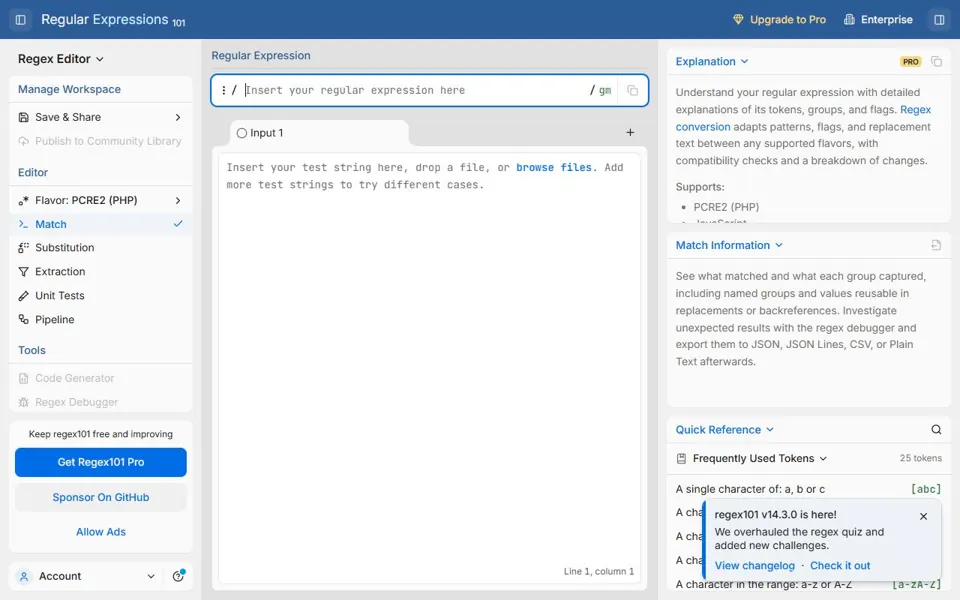 regex101 – Ansicht der Anbieter-Website