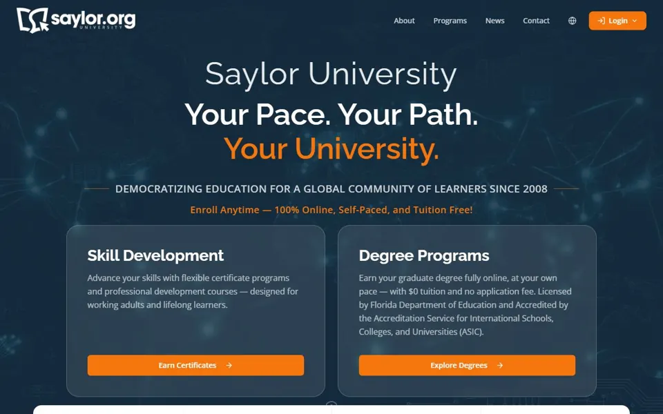 Saylor University website screenshot
