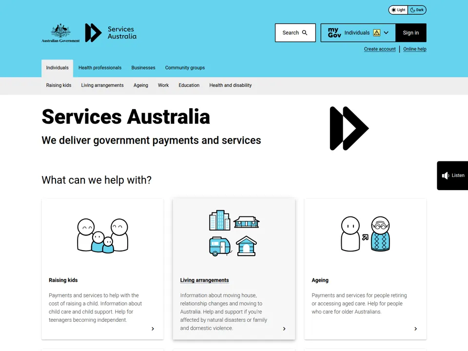 Services Australia website screenshot