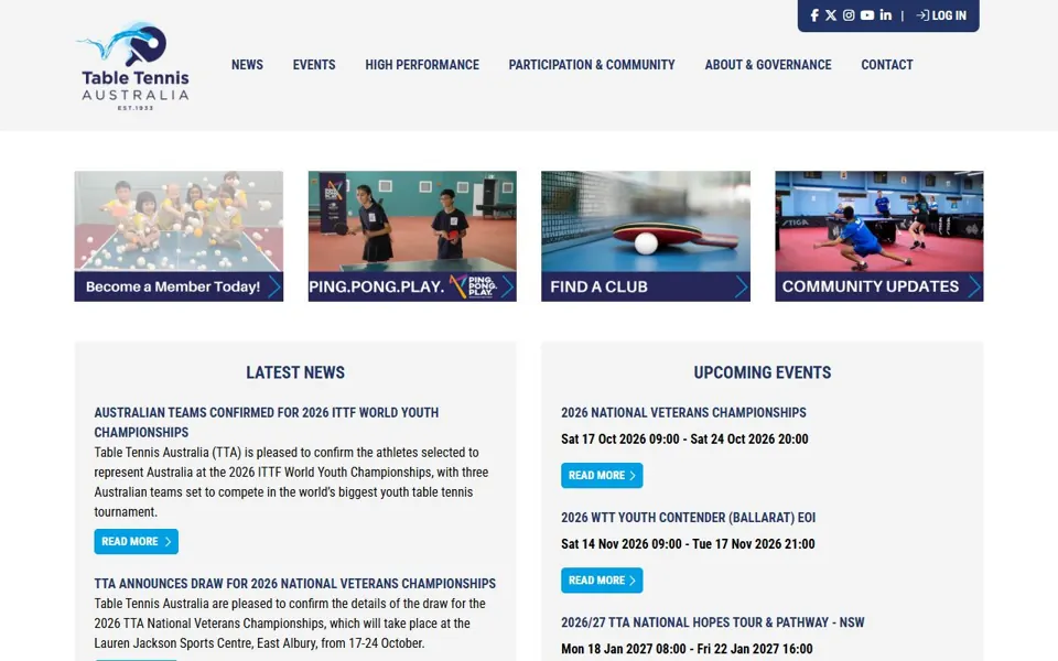 Table Tennis Australia website screenshot