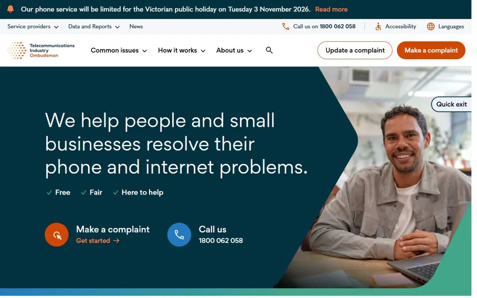 Telecommunications Industry Ombudsman website screenshot