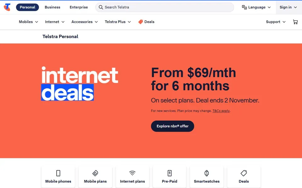 Telstra website screenshot