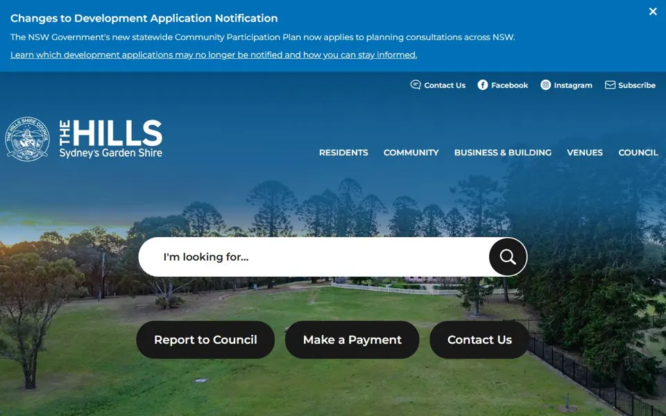 The Hills Shire Council website screenshot
