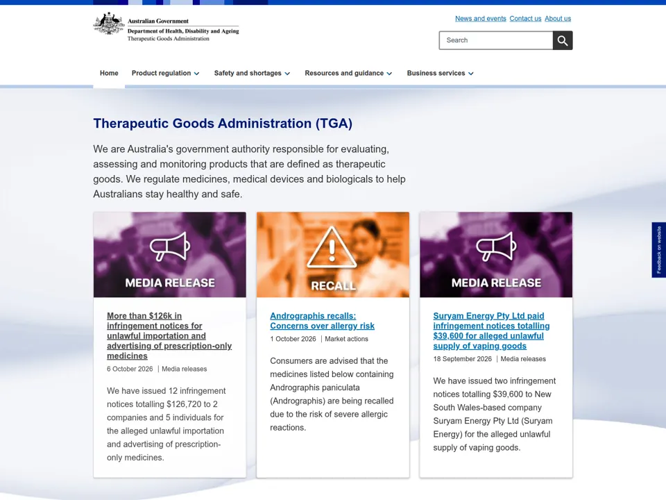 Therapeutic Goods Administration website screenshot