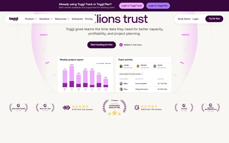 Toggl Track – Ansicht der Anbieter-Website