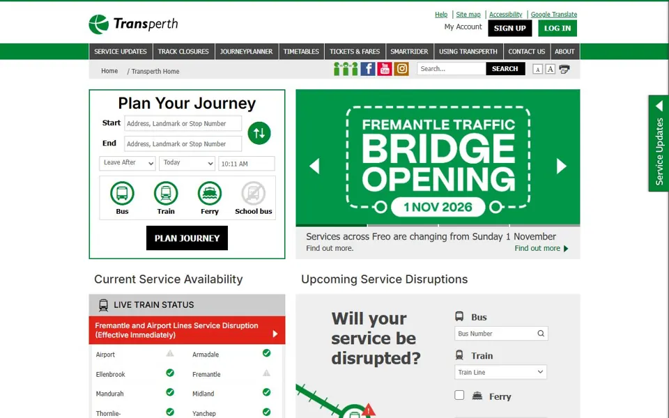 Transperth website screenshot