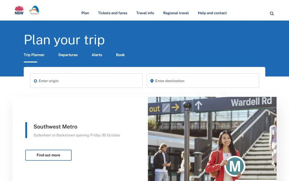 Transport for NSW website screenshot