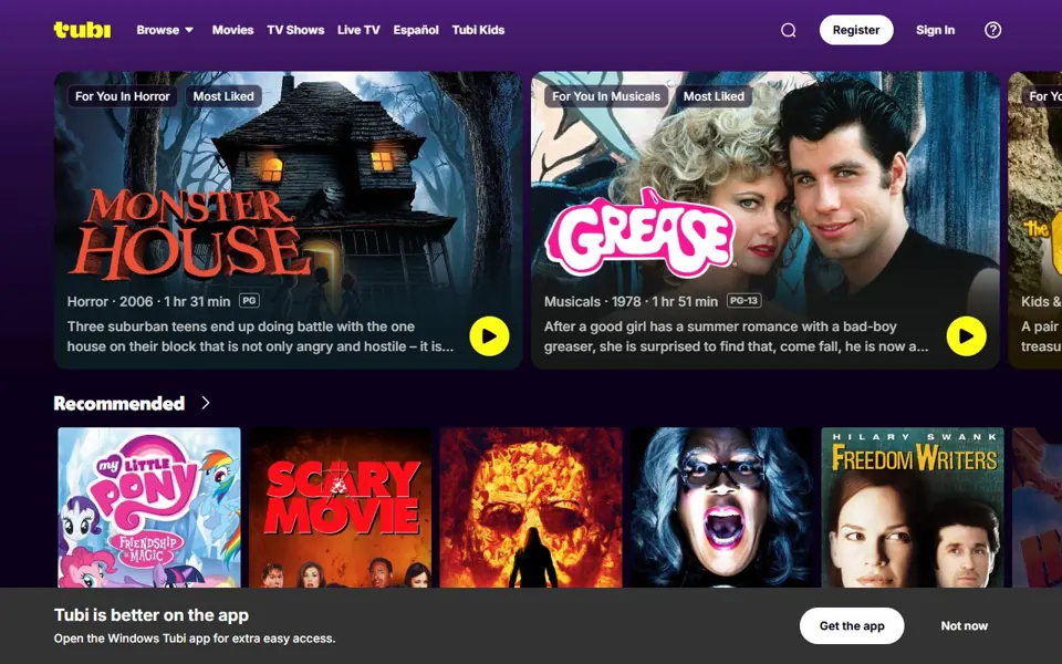 Tubi website screenshot