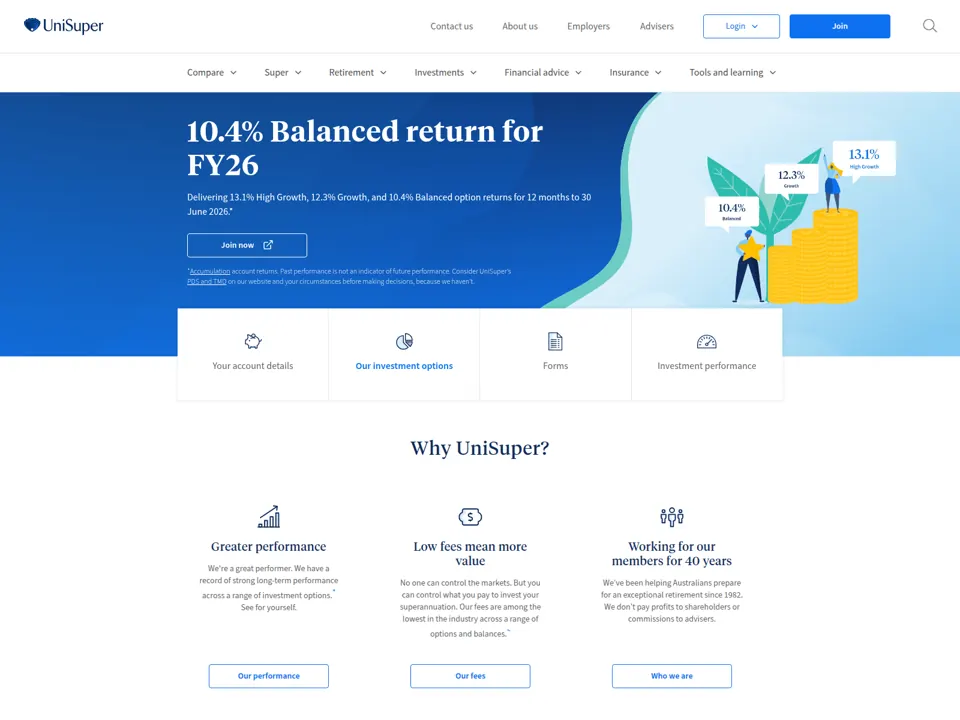 UniSuper website screenshot