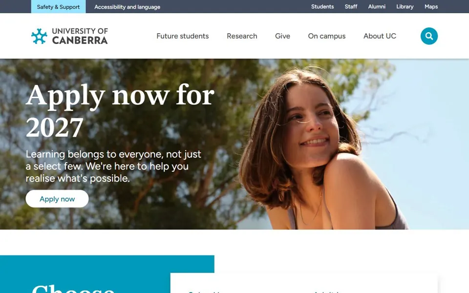 University of Canberra website screenshot