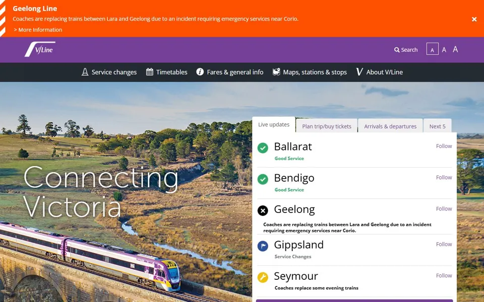 V/Line website screenshot