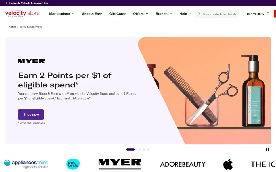 Velocity Shop & Earn website screenshot