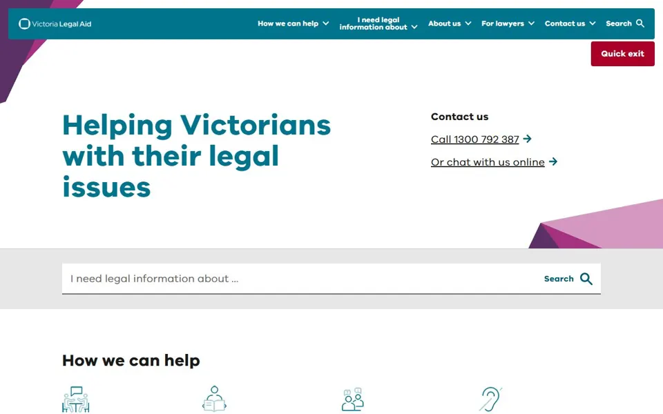 Victoria Legal Aid website screenshot