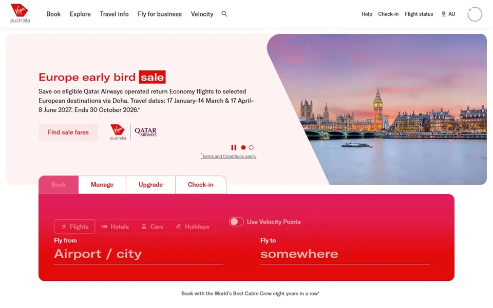 Virgin Australia website screenshot