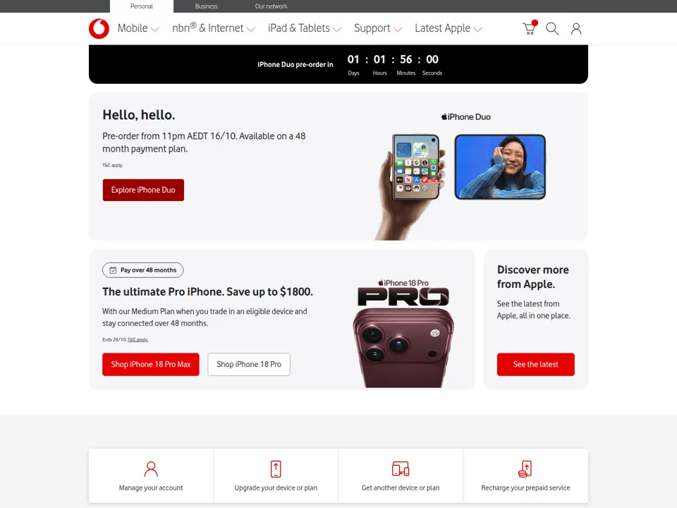 Vodafone Australia website screenshot