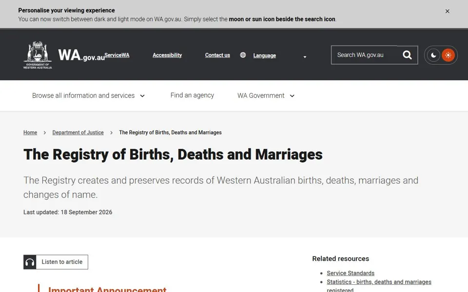 WA Births, Deaths and Marriages website screenshot