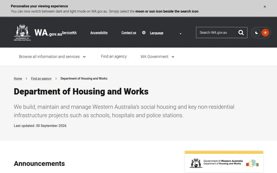 WA Housing and Works website screenshot