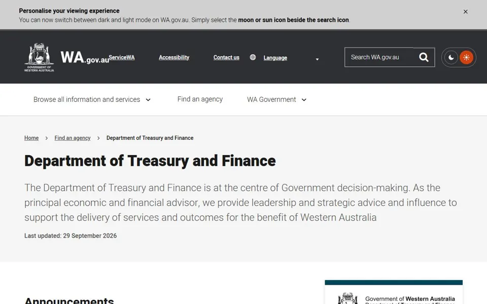 WA Treasury and Finance website screenshot