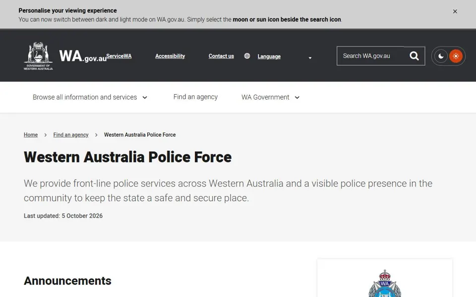 Western Australia Police Force website screenshot