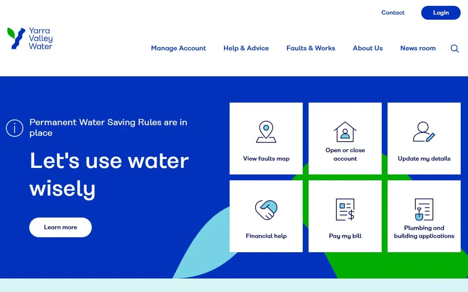 Yarra Valley Water website screenshot