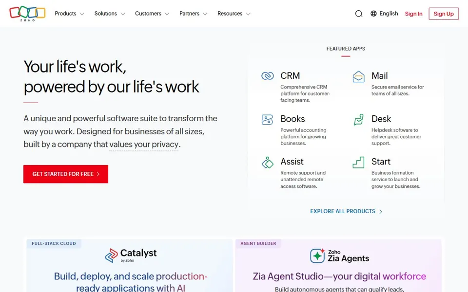 Zoho website screenshot